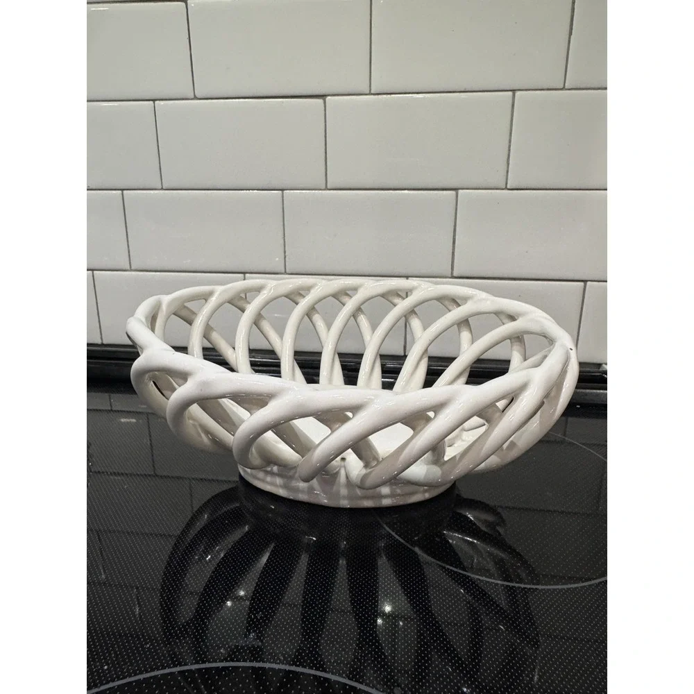 Vintage White Oval Woven Latticed Ceramic Fruit Basket 9inch Long.